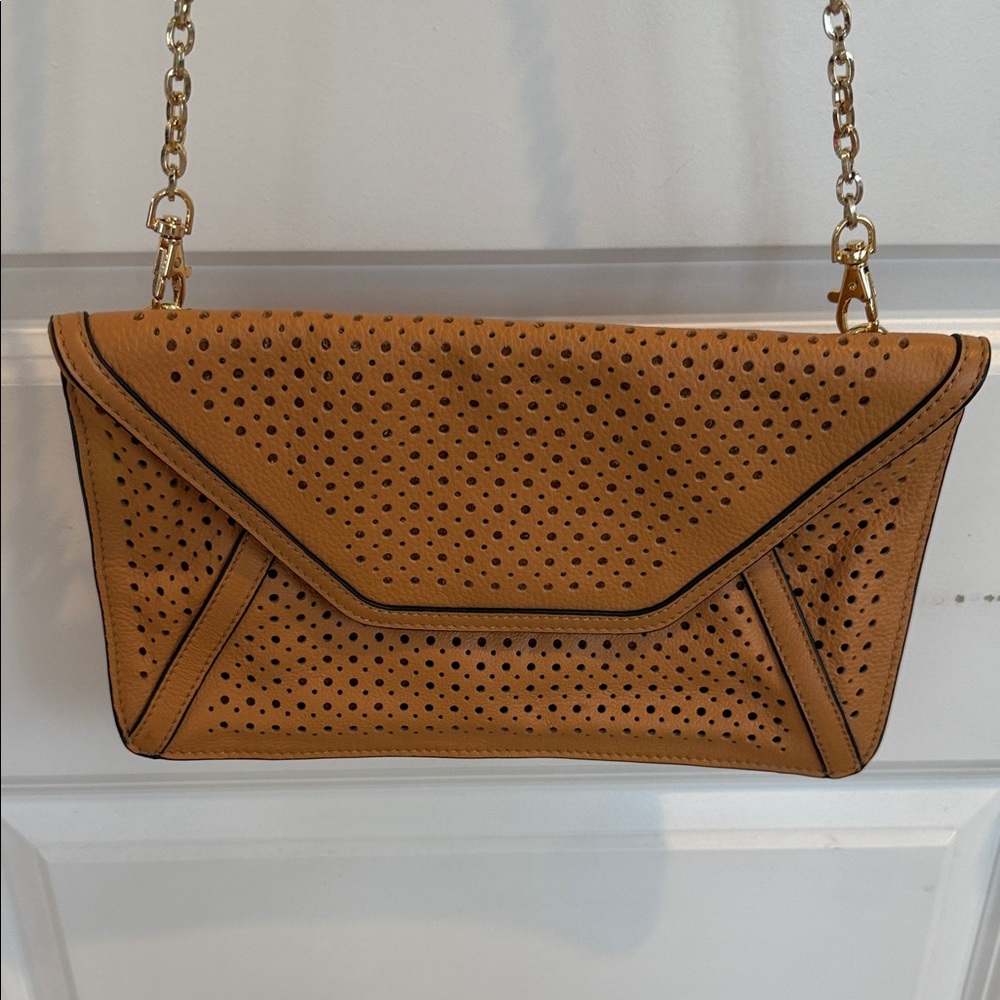 J. McLaughlin Leather Tan Envelope Crossbody Bag with Gold Chain Strap